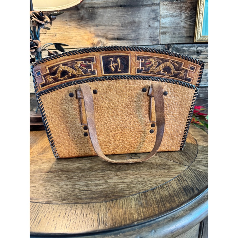 Vintage Hand Tooled Leather Dragon Tote Bag Tooled Folk Art Purse Tan Brown bag